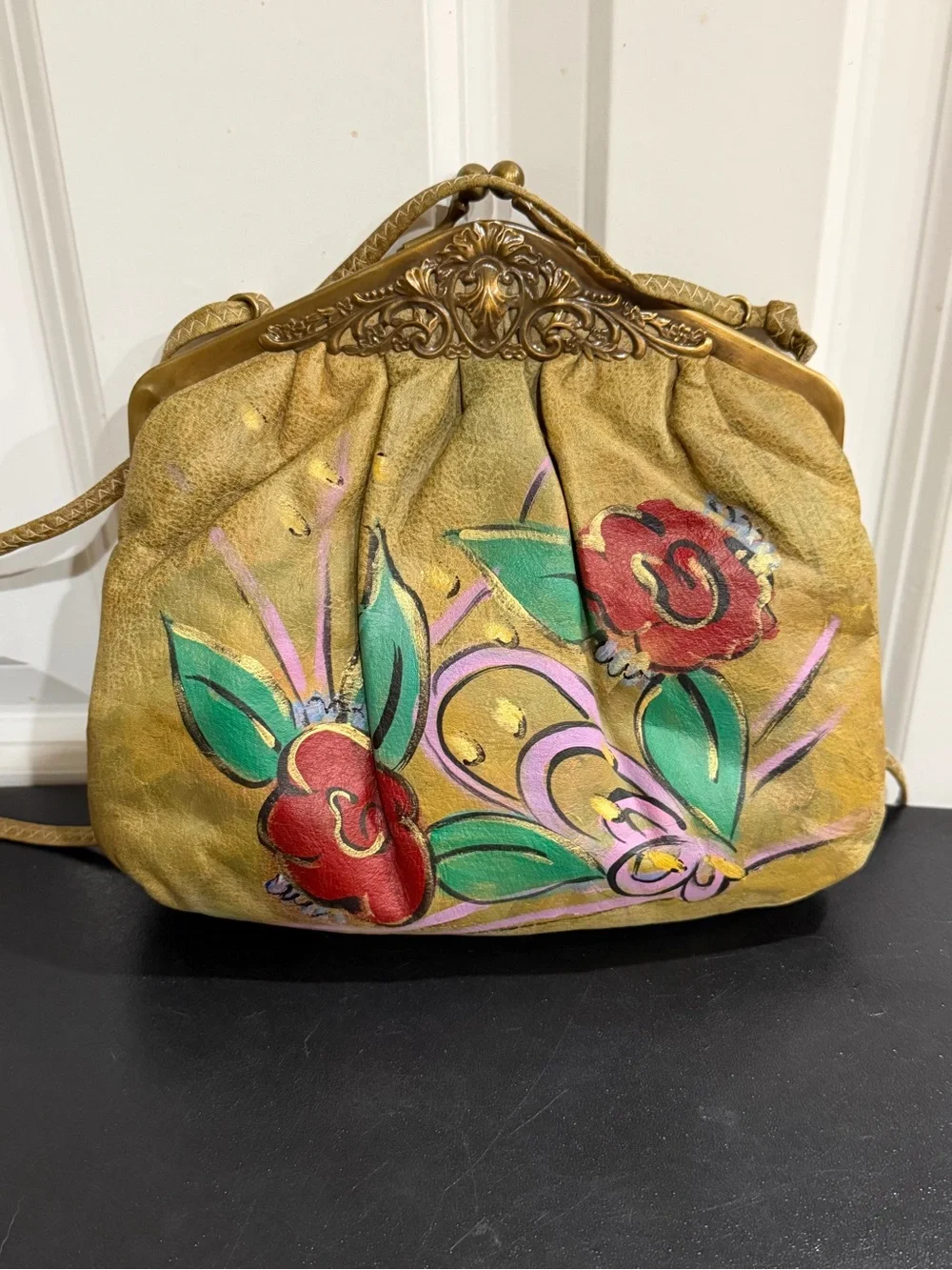 Source Unknown Hand-Painted Clutch / crossbody bag with Red & Green Accents